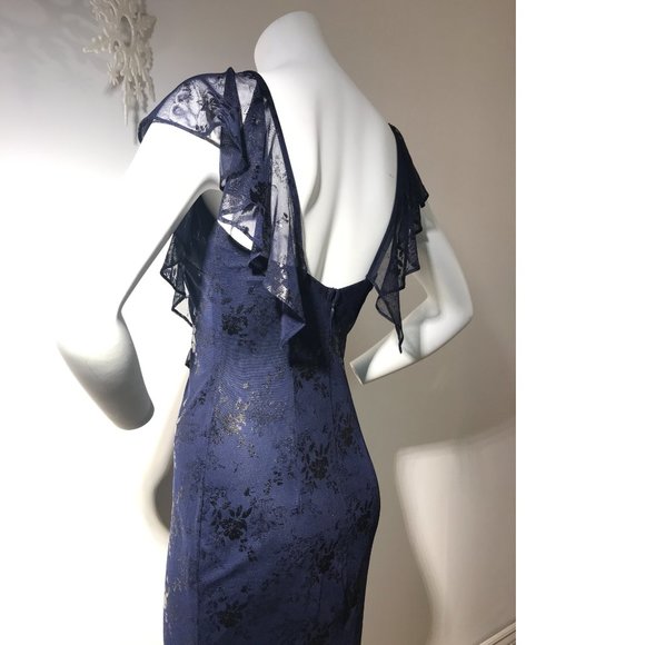 Le Chateau Blue Foil Sheer Lace Formal Bodycon Ruffle Off- Shoulder Dress NWT - Picture 3 of 5